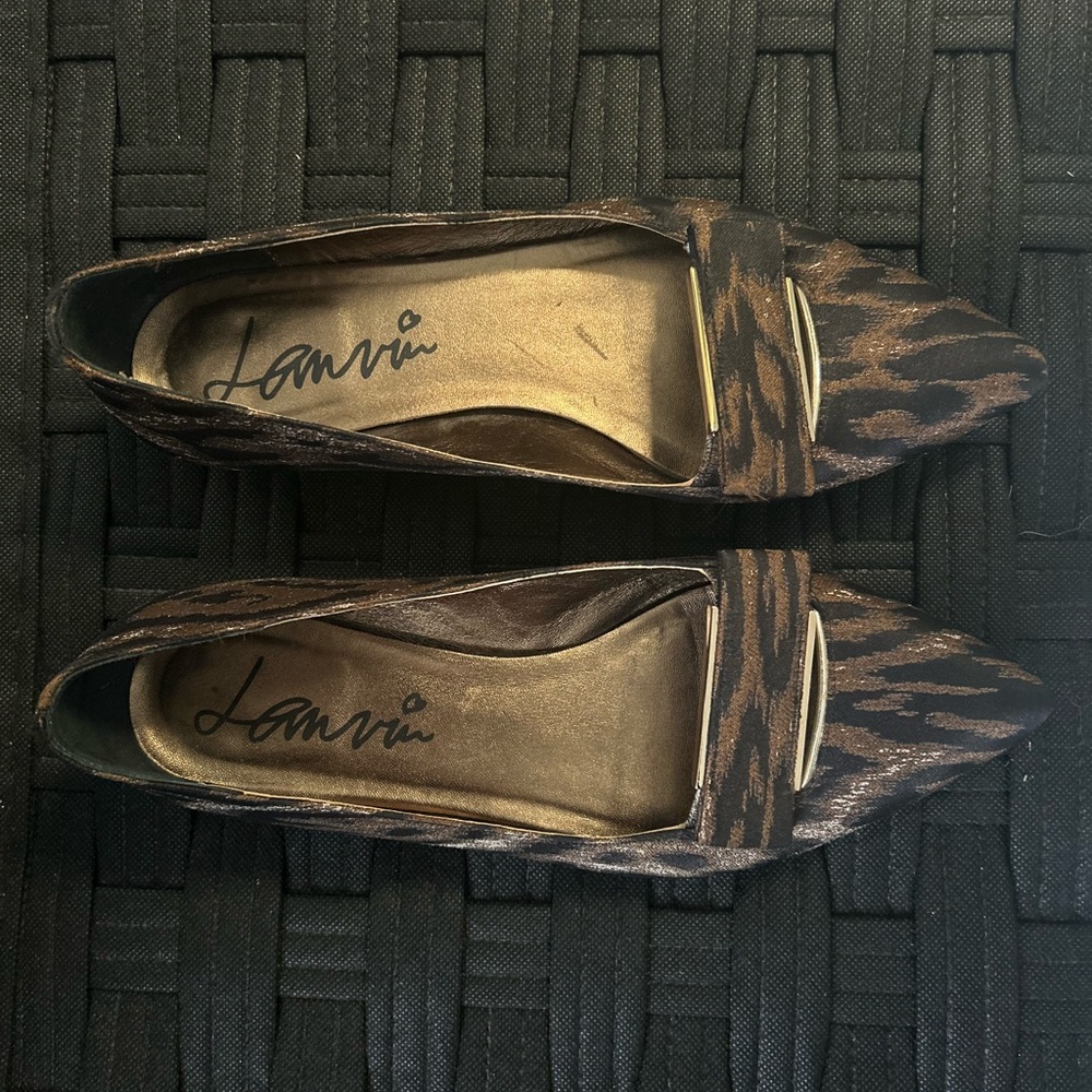 Lanvin Pointed-Toe Leopard-Print Flats with Gold Accent